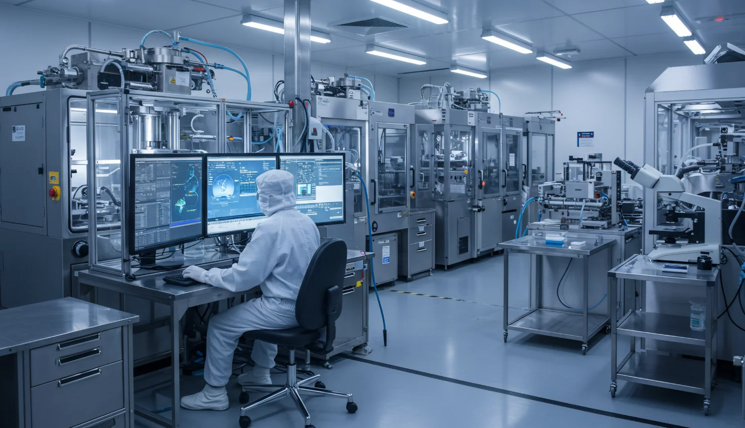 Technician monitoring high tech manufacturing process in